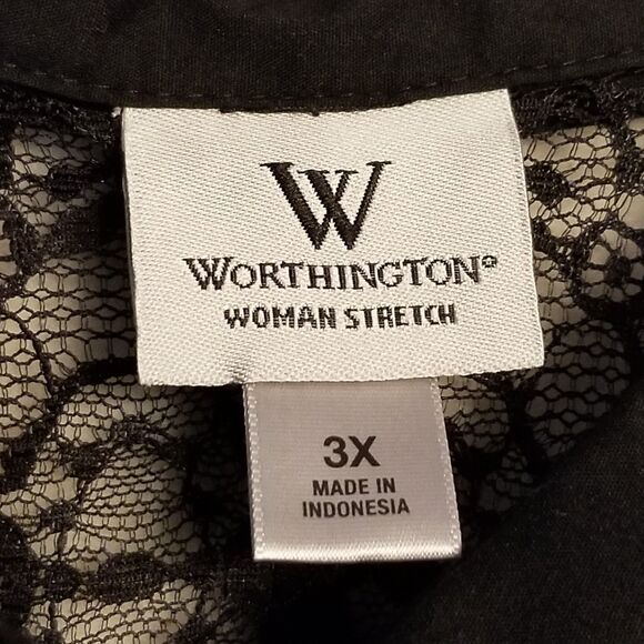 Worthington 3X Top Stretch Black Button Front Lace Sheer Panels Whimsigoth Boho - Picture 6 of 9